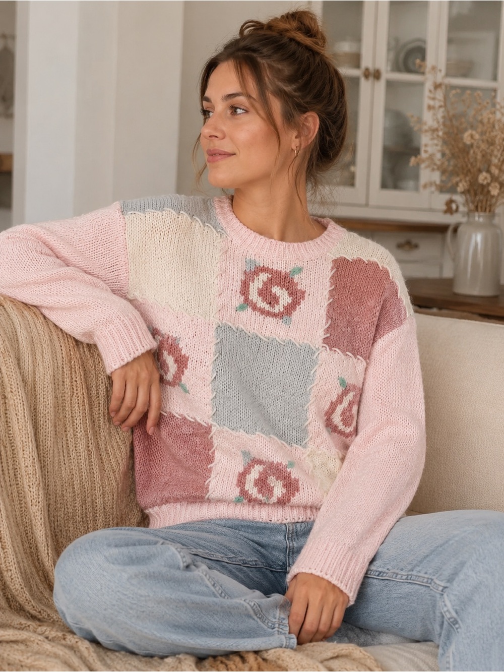 Patchwork Floral Sweater - Pink, Cream, and Gray